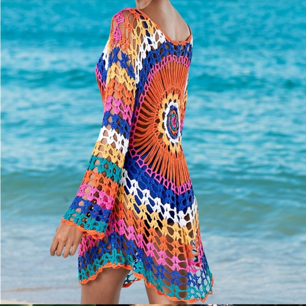 CLEARANCE Bright Boho Multi Color Crochet Coverup Tunic - Picture 4 of 5